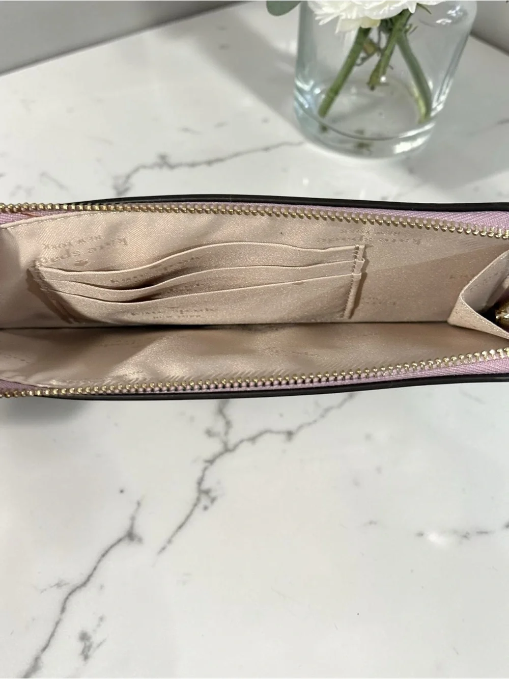 kate spade metallic pink zip-around wristlet wallet with gold logo& gift box NWT